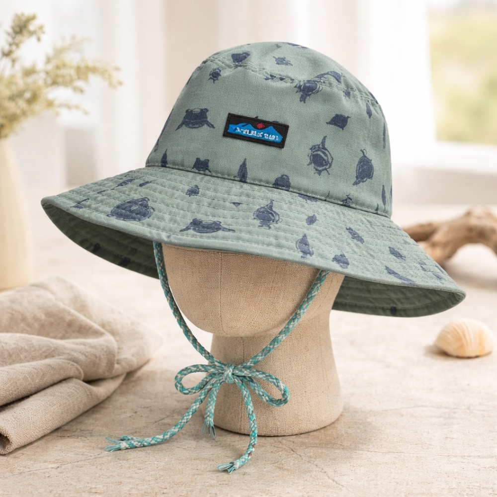 KAVU‎ Bucket Hat Sage Green Fish Print Adjustable Chin Strap One Size